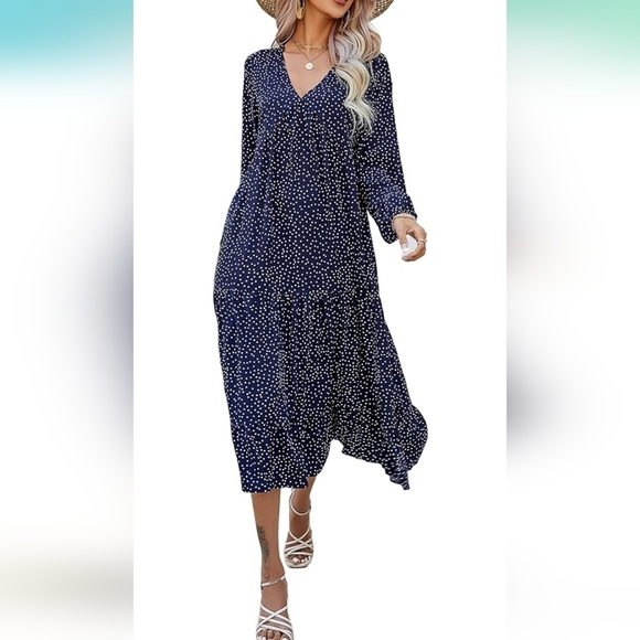 Gyrans Women's Boho Polka Dots V Neck Long Sleeve Midi Dress Size M - Picture 2 of 13